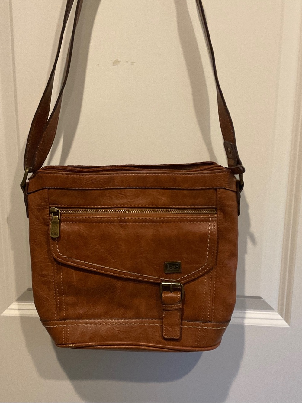 boc Tan Leather Messenger Bag with Front Zip Pocket